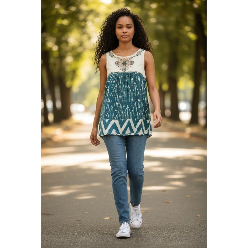 Floreat Anthropologie Embroidered Ikat Sleeveless Top Teal White Boho Mesh M